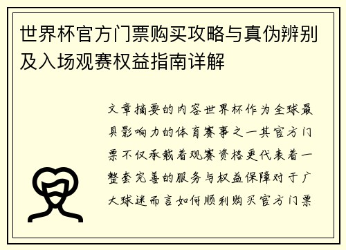 世界杯官方门票购买攻略与真伪辨别及入场观赛权益指南详解