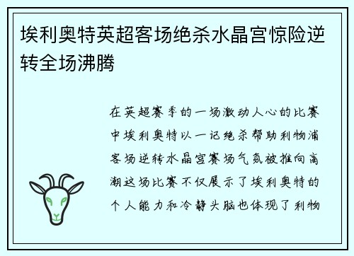 埃利奥特英超客场绝杀水晶宫惊险逆转全场沸腾 埃利奥特英超客场绝杀水晶宫惊险逆转全场沸腾